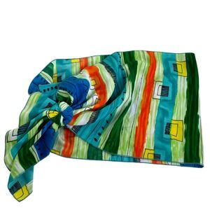 Mademoiselle Vintage Abstract Geometric Scarf Green Blue Orange Velcro Made USA